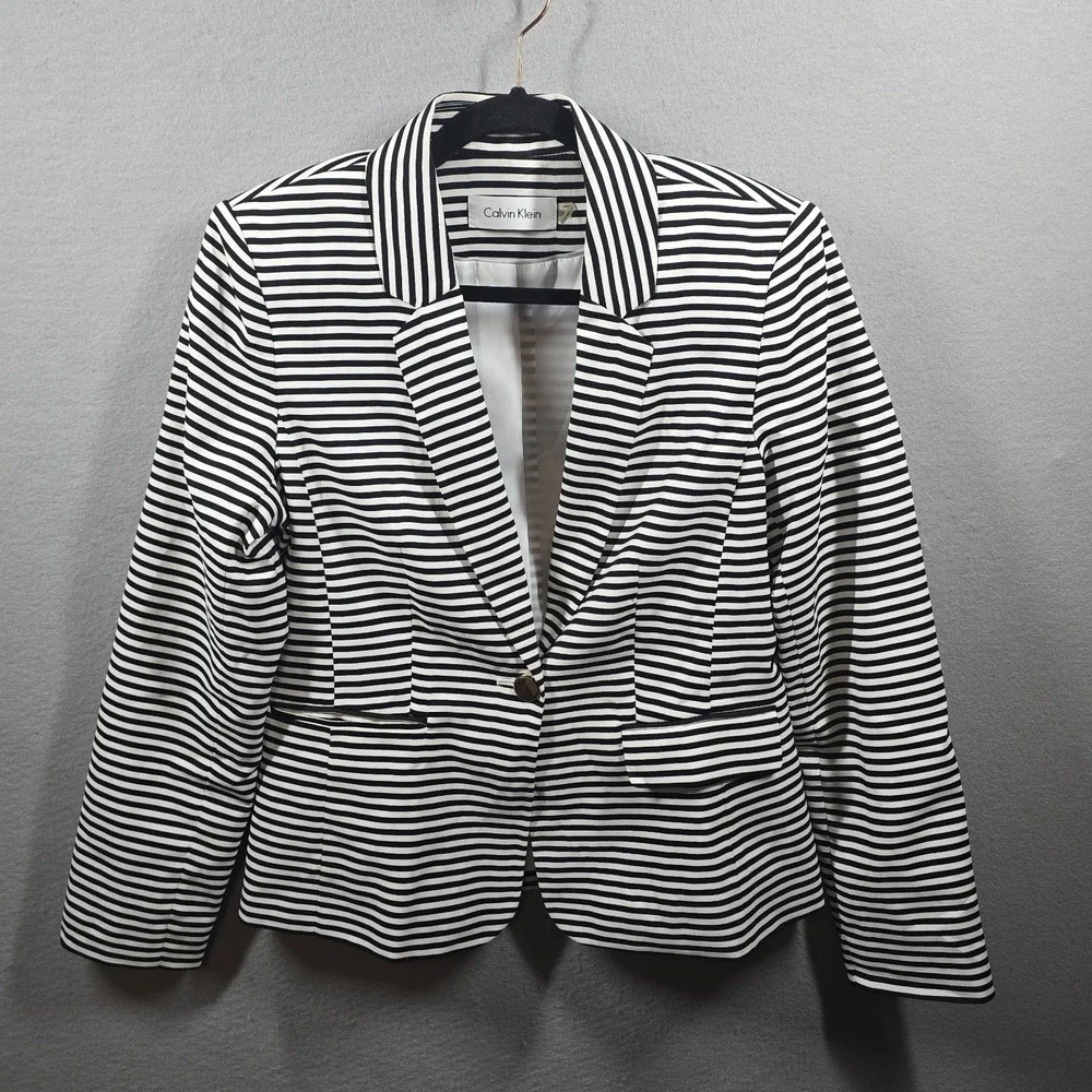Calvin Klein Womens Blazer Size 8 Jacket Black White Striped One Button - Picture 1 of 9